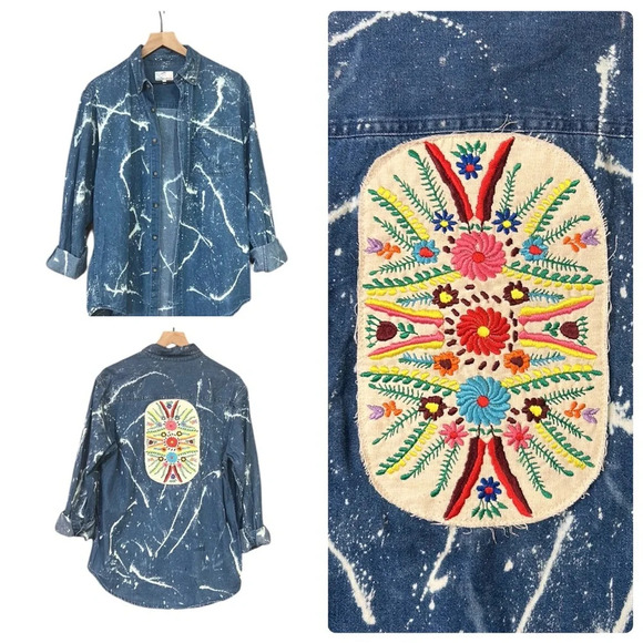 Apparel Unlimited Floral Embroidery Tie Dye Denim Long Sleeve Button Down Shirt - Picture 1 of 8